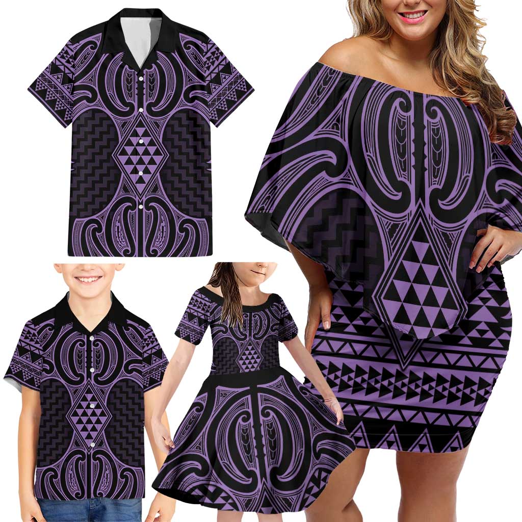 Waiporoporo Maori Ta Moko Poutama Art Family Matching Off Shoulder Short Dress and Hawaiian Shirt