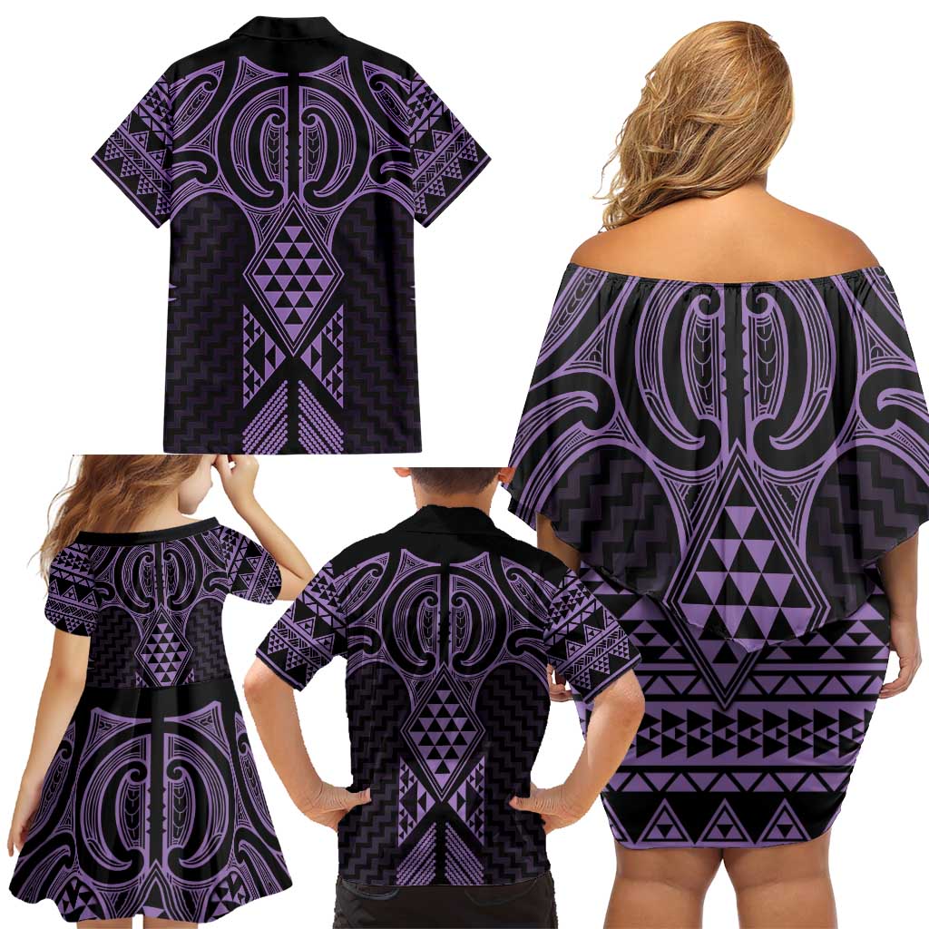 Waiporoporo Maori Ta Moko Poutama Art Family Matching Off Shoulder Short Dress and Hawaiian Shirt