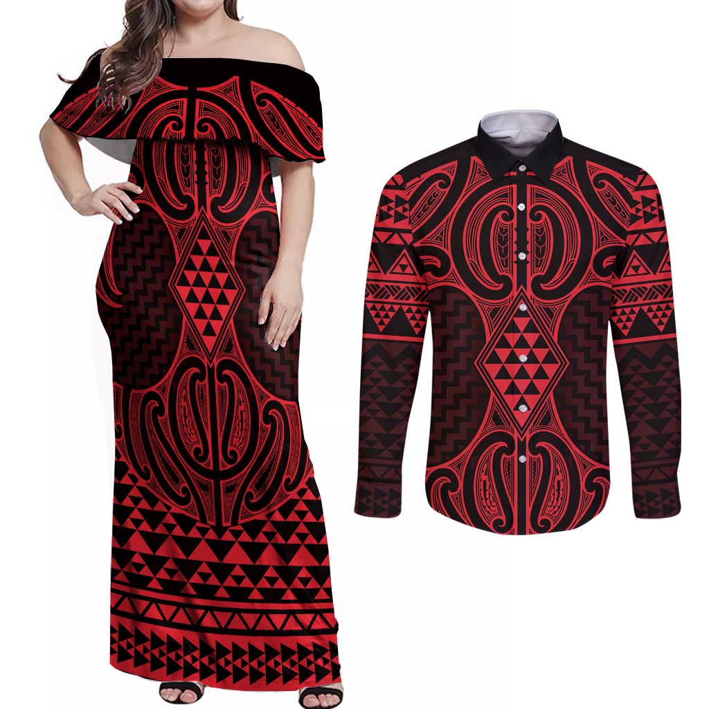 Whero Maori Ta Moko Poutama Art Couples Matching Off Shoulder Maxi Dress and Long Sleeve Button Shirt LT9 Red - Polynesian Pride