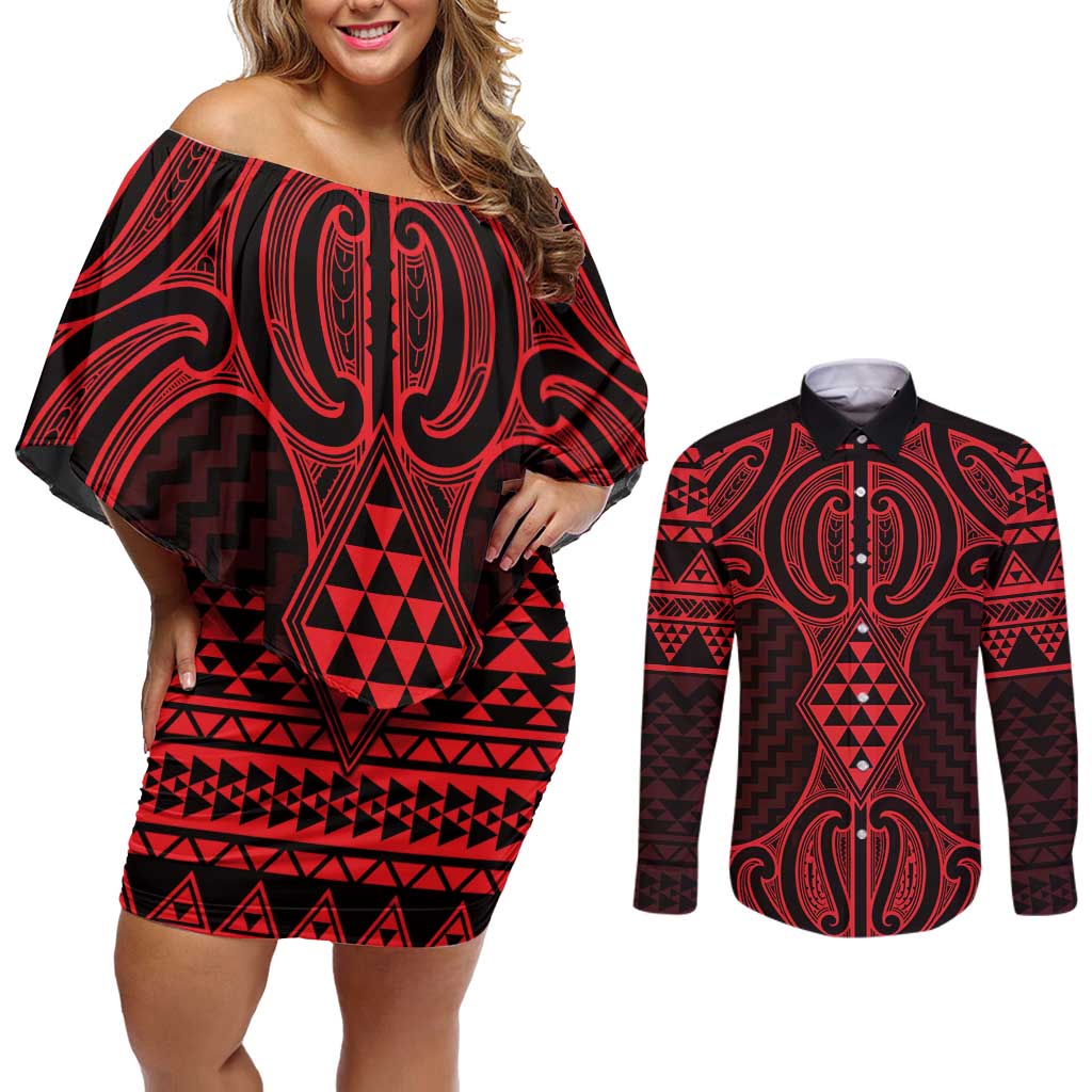 Whero Maori Ta Moko Poutama Art Couples Matching Off Shoulder Short Dress and Long Sleeve Button Shirt LT9 Red - Polynesian Pride