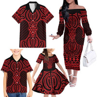 Whero Maori Ta Moko Poutama Art Family Matching Off The Shoulder Long Sleeve Dress and Hawaiian Shirt