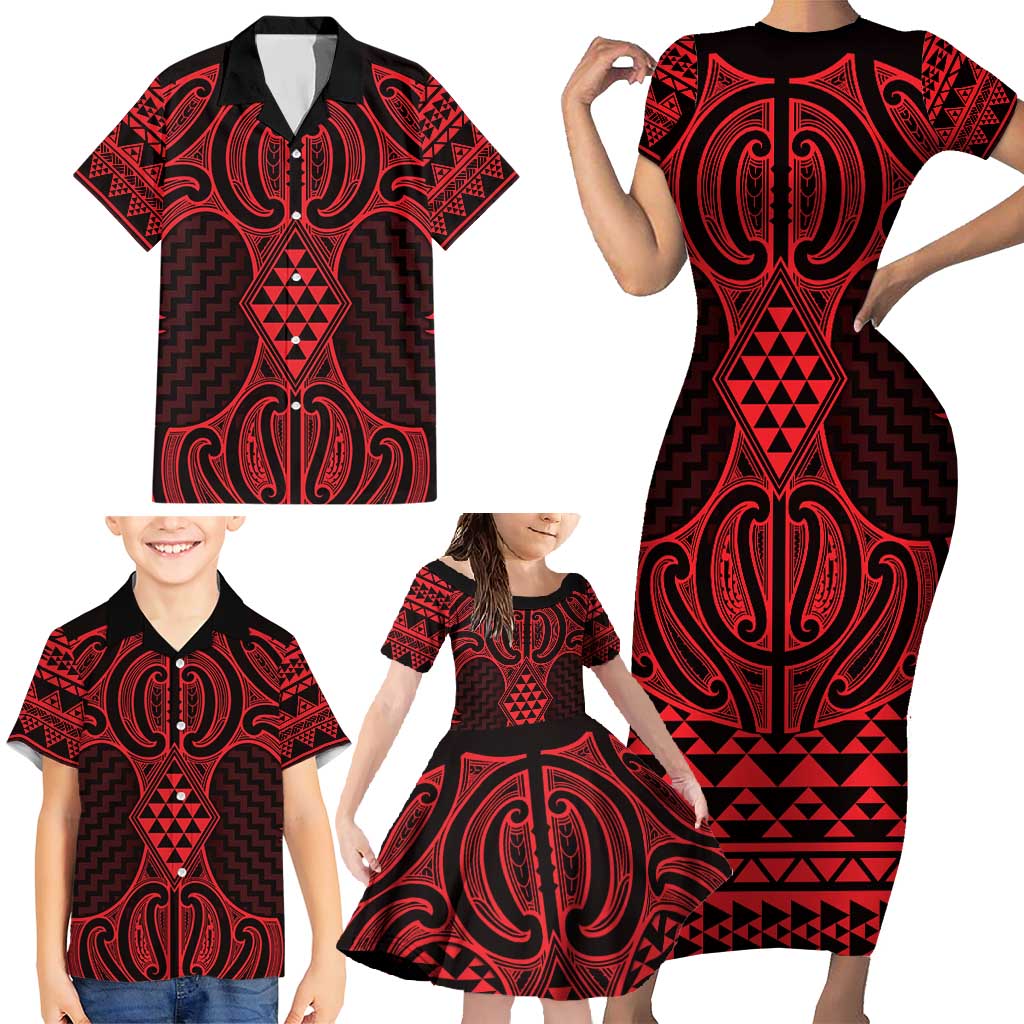 Whero Maori Ta Moko Poutama Art Family Matching Short Sleeve Bodycon Dress and Hawaiian Shirt