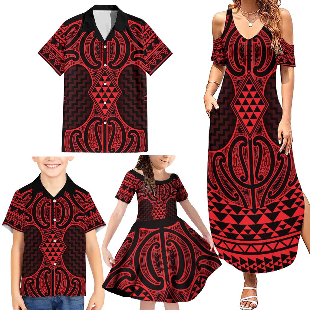 Whero Maori Ta Moko Poutama Art Family Matching Summer Maxi Dress and Hawaiian Shirt