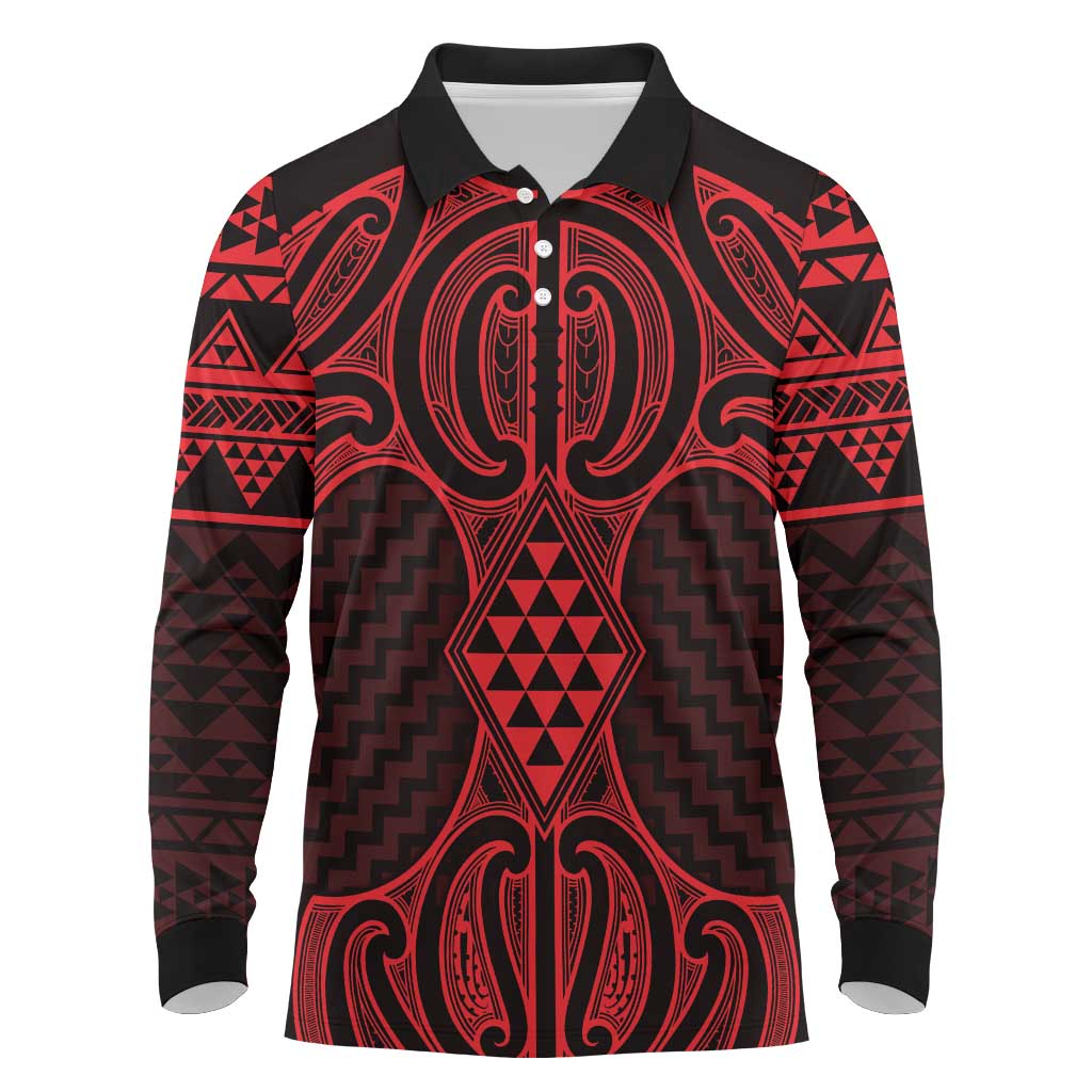 Whero Maori Ta Moko Poutama Art Long Sleeve Polo Shirt LT9 Red - Polynesian Pride