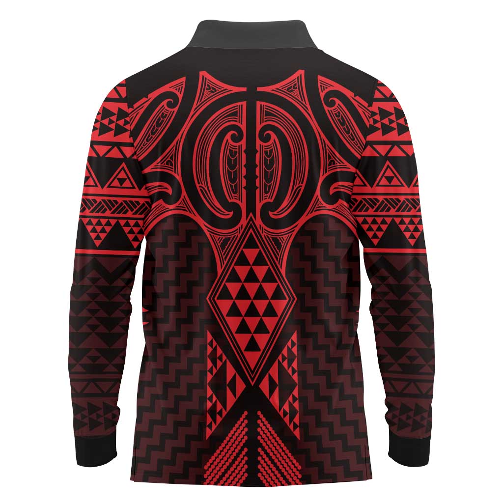 Whero Maori Ta Moko Poutama Art Long Sleeve Polo Shirt LT9 - Polynesian Pride