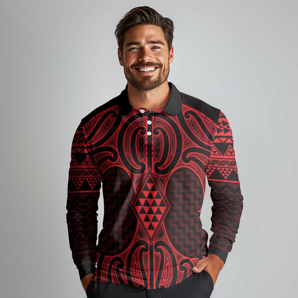 Whero Maori Ta Moko Poutama Art Long Sleeve Polo Shirt LT9 - Polynesian Pride