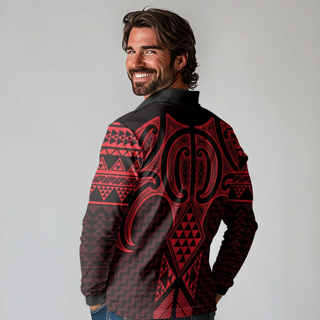 Whero Maori Ta Moko Poutama Art Long Sleeve Polo Shirt LT9 - Polynesian Pride
