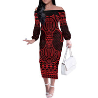 Whero Maori Ta Moko Poutama Art Off The Shoulder Long Sleeve Dress