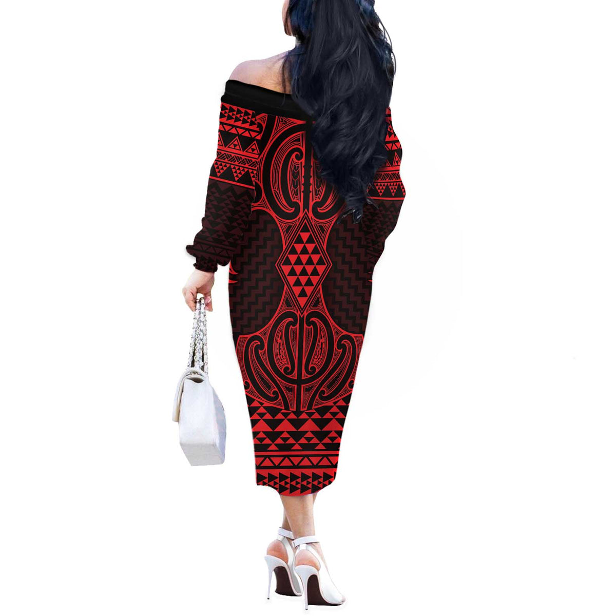 Whero Maori Ta Moko Poutama Art Off The Shoulder Long Sleeve Dress