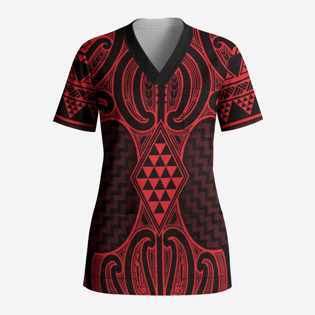 Whero Maori Ta Moko Poutama Art Scrub Top LT9 Adult Red - Polynesian Pride