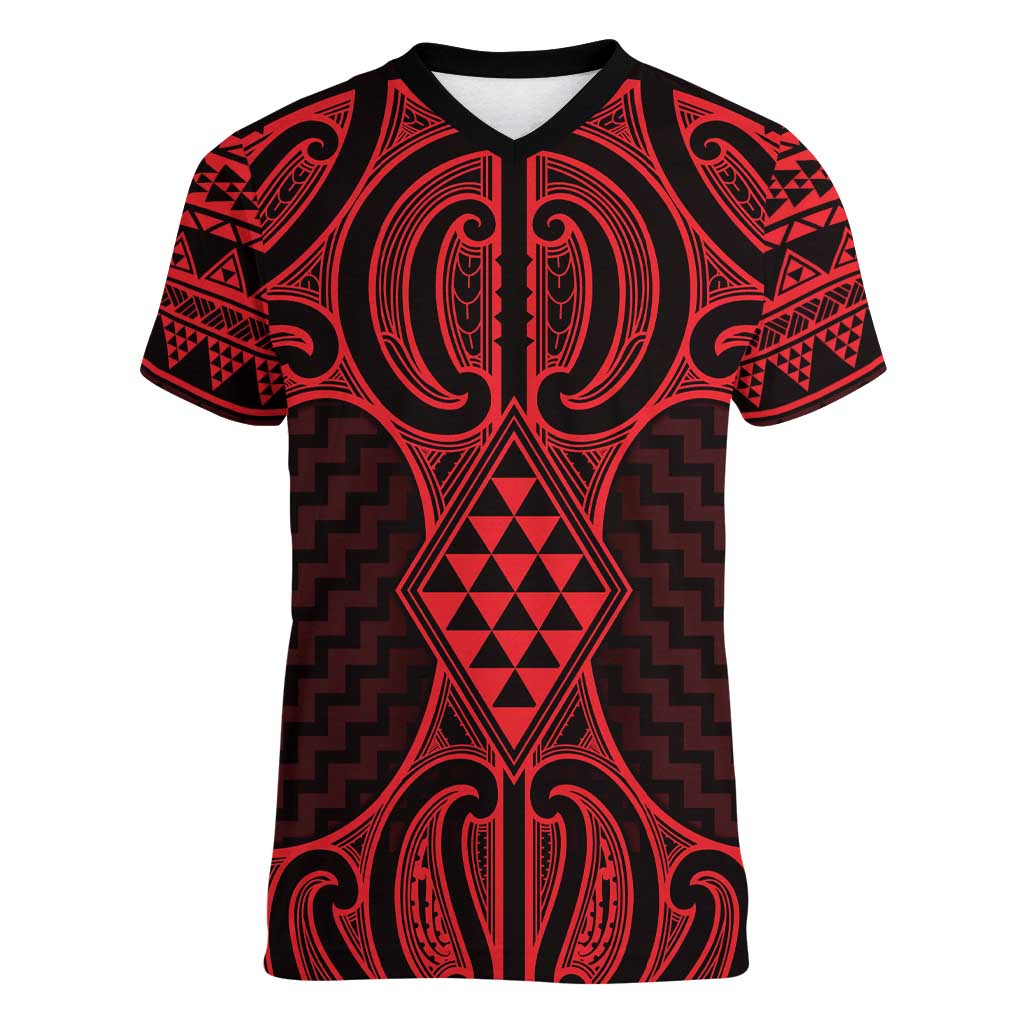 Whero Maori Ta Moko Poutama Art Women V-Neck T-Shirt
