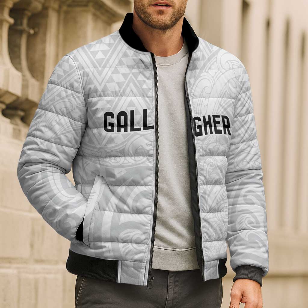 New Zealand Rangatira Custom Bomber Puffer Jacket All White Niho Taniwha Maori Tribal - Polynesian Pride