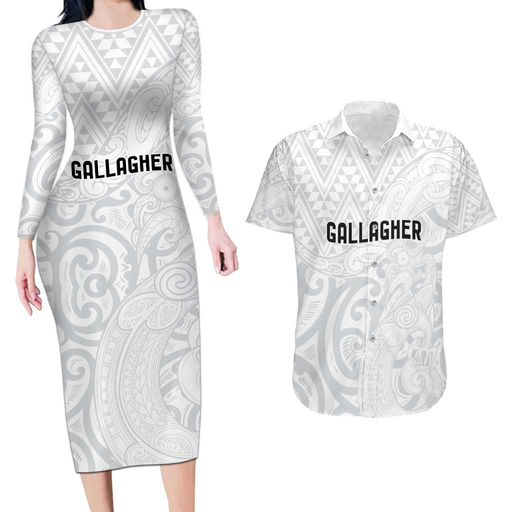 New Zealand Rangatira Custom Couples Matching Long Sleeve Bodycon Dress and Hawaiian Shirt All White Niho Taniwha Maori Tribal