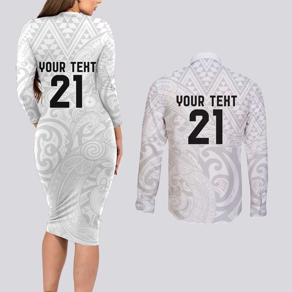 New Zealand Rangatira Custom Couples Matching Long Sleeve Bodycon Dress and Long Sleeve Button Shirt All White Niho Taniwha Maori Tribal