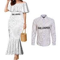 New Zealand Rangatira Custom Couples Matching Mermaid Dress and Long Sleeve Button Shirt All White Niho Taniwha Maori Tribal