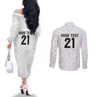 New Zealand Rangatira Custom Couples Matching Off The Shoulder Long Sleeve Dress and Long Sleeve Button Shirt All White Niho Taniwha Maori Tribal