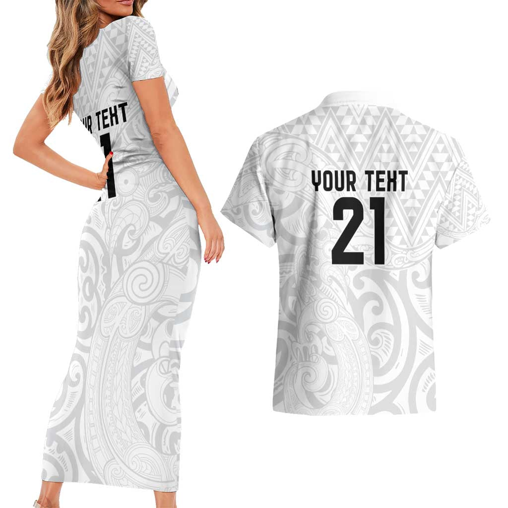 New Zealand Rangatira Custom Couples Matching Short Sleeve Bodycon Dress and Hawaiian Shirt All White Niho Taniwha Maori Tribal