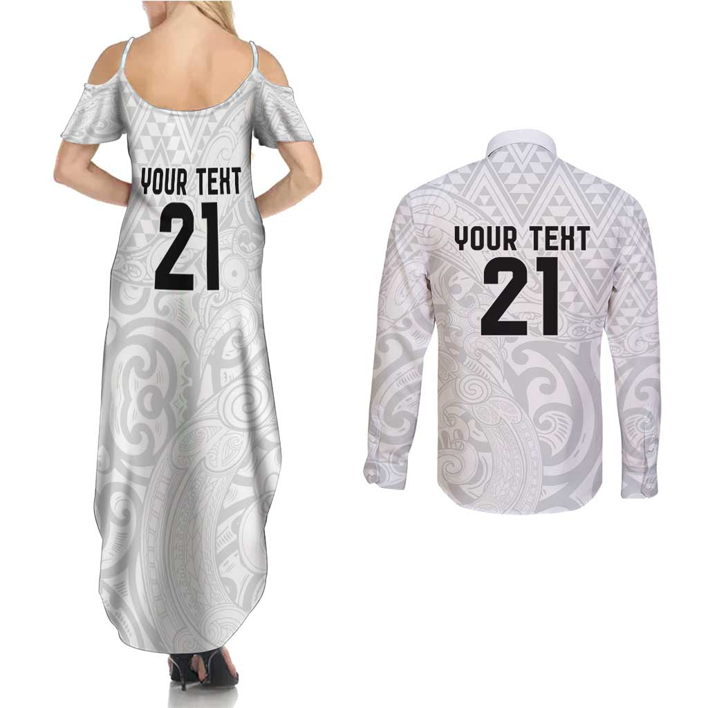 New Zealand Rangatira Custom Couples Matching Summer Maxi Dress and Long Sleeve Button Shirt All White Niho Taniwha Maori Tribal