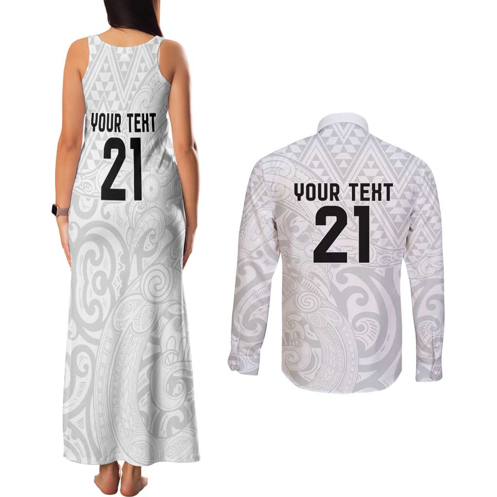 New Zealand Rangatira Custom Couples Matching Tank Maxi Dress and Long Sleeve Button Shirt All White Niho Taniwha Maori Tribal