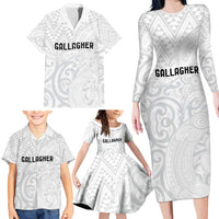 New Zealand Rangatira Custom Family Matching Long Sleeve Bodycon Dress and Hawaiian Shirt All White Niho Taniwha Maori Tribal