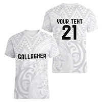 New Zealand Rangatira Custom Women V-Neck T-Shirt All White Niho Taniwha Maori Tribal
