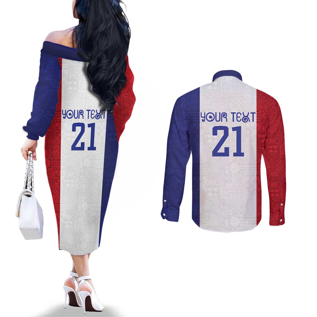 New Zealand Rugby Pacific Personalised Couples Matching Off The Shoulder Long Sleeve Dress and Long Sleeve Button Shirt Maori Style Tribal Tapa Pattern