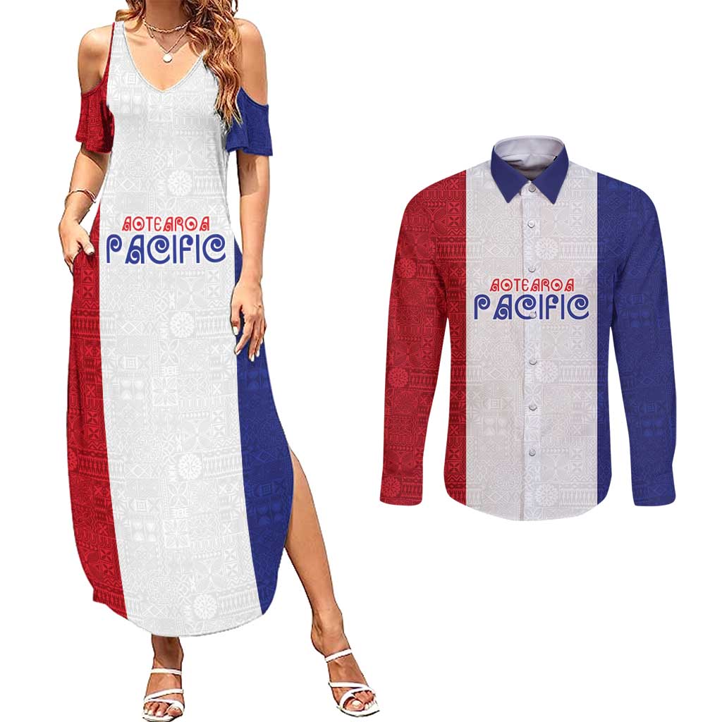 New Zealand Rugby Pacific Personalised Couples Matching Summer Maxi Dress and Long Sleeve Button Shirt Maori Style Tribal Tapa Pattern