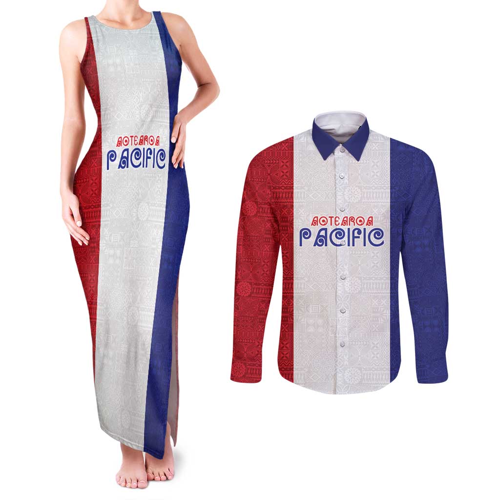 New Zealand Rugby Pacific Personalised Couples Matching Tank Maxi Dress and Long Sleeve Button Shirt Maori Style Tribal Tapa Pattern