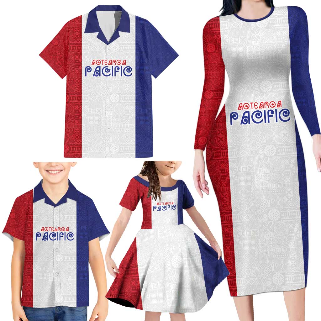 New Zealand Rugby Pacific Personalised Family Matching Long Sleeve Bodycon Dress and Hawaiian Shirt Maori Style Tribal Tapa Pattern