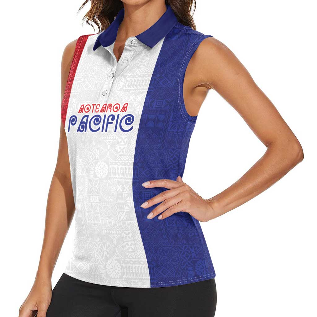 New Zealand Rugby Pacific Personalised Women Sleeveless Polo Shirt Maori Style Tribal Tapa Pattern