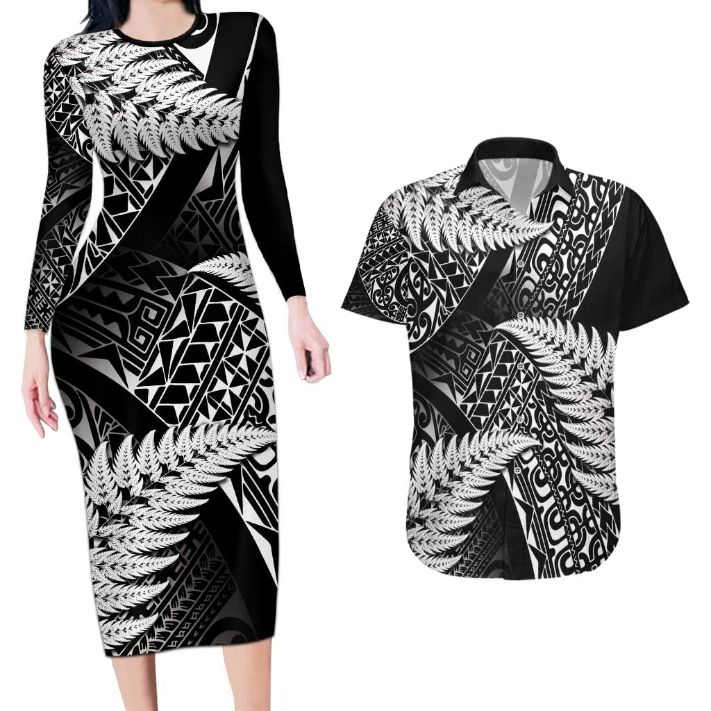 New Zealand Rugby Pacific Personalised Couples Matching Long Sleeve Bodycon Dress and Hawaiian Shirt All Black Maori Pasifika Fern Pattern
