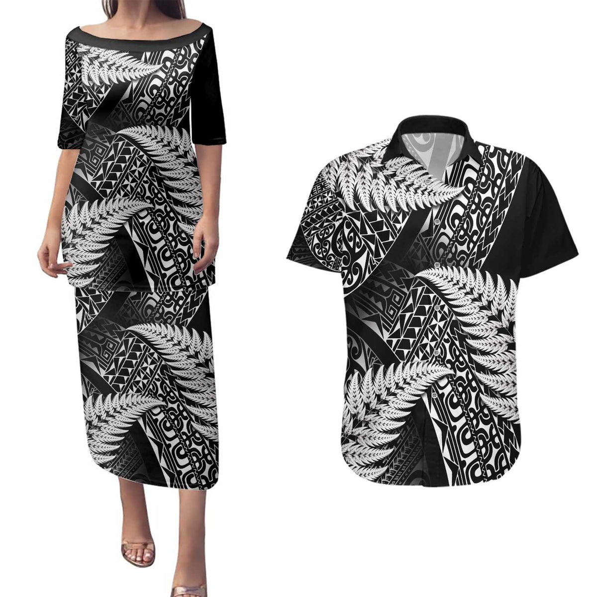 New Zealand Rugby Pacific Personalised Couples Matching Puletasi and Hawaiian Shirt All Black Maori Pasifika Fern Pattern