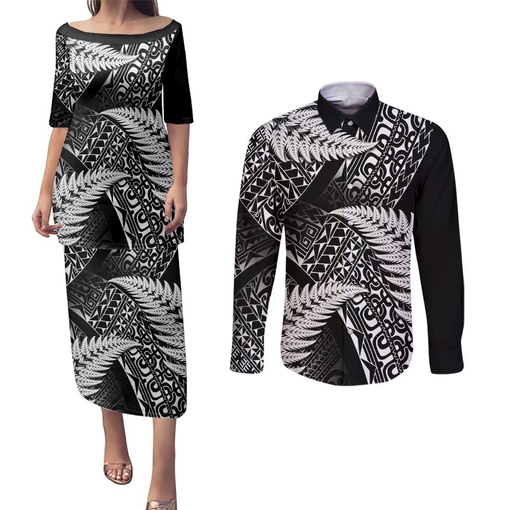 New Zealand Rugby Pacific Personalised Couples Matching Puletasi and Long Sleeve Button Shirt All Black Maori Pasifika Fern Pattern