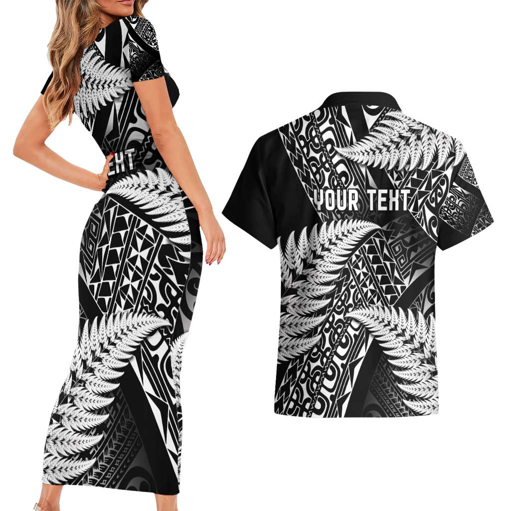 New Zealand Rugby Pacific Personalised Couples Matching Short Sleeve Bodycon Dress and Hawaiian Shirt All Black Maori Pasifika Fern Pattern