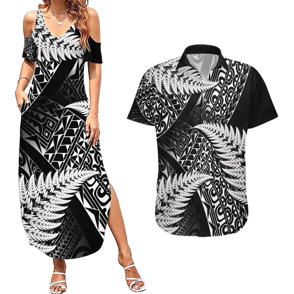 New Zealand Rugby Pacific Personalised Couples Matching Summer Maxi Dress and Hawaiian Shirt All Black Maori Pasifika Fern Pattern