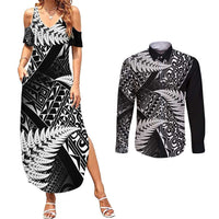 New Zealand Rugby Pacific Personalised Couples Matching Summer Maxi Dress and Long Sleeve Button Shirt All Black Maori Pasifika Fern Pattern