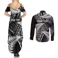 New Zealand Rugby Pacific Personalised Couples Matching Summer Maxi Dress and Long Sleeve Button Shirt All Black Maori Pasifika Fern Pattern