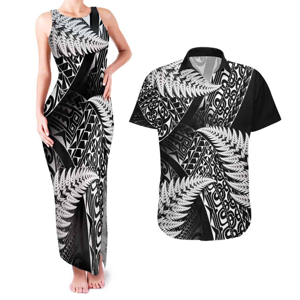 New Zealand Rugby Pacific Personalised Couples Matching Tank Maxi Dress and Hawaiian Shirt All Black Maori Pasifika Fern Pattern