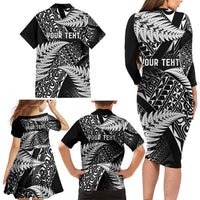 New Zealand Rugby Pacific Personalised Family Matching Long Sleeve Bodycon Dress and Hawaiian Shirt All Black Maori Pasifika Fern Pattern