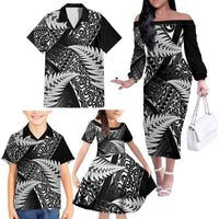 New Zealand Rugby Pacific Personalised Family Matching Off The Shoulder Long Sleeve Dress and Hawaiian Shirt All Black Maori Pasifika Fern Pattern