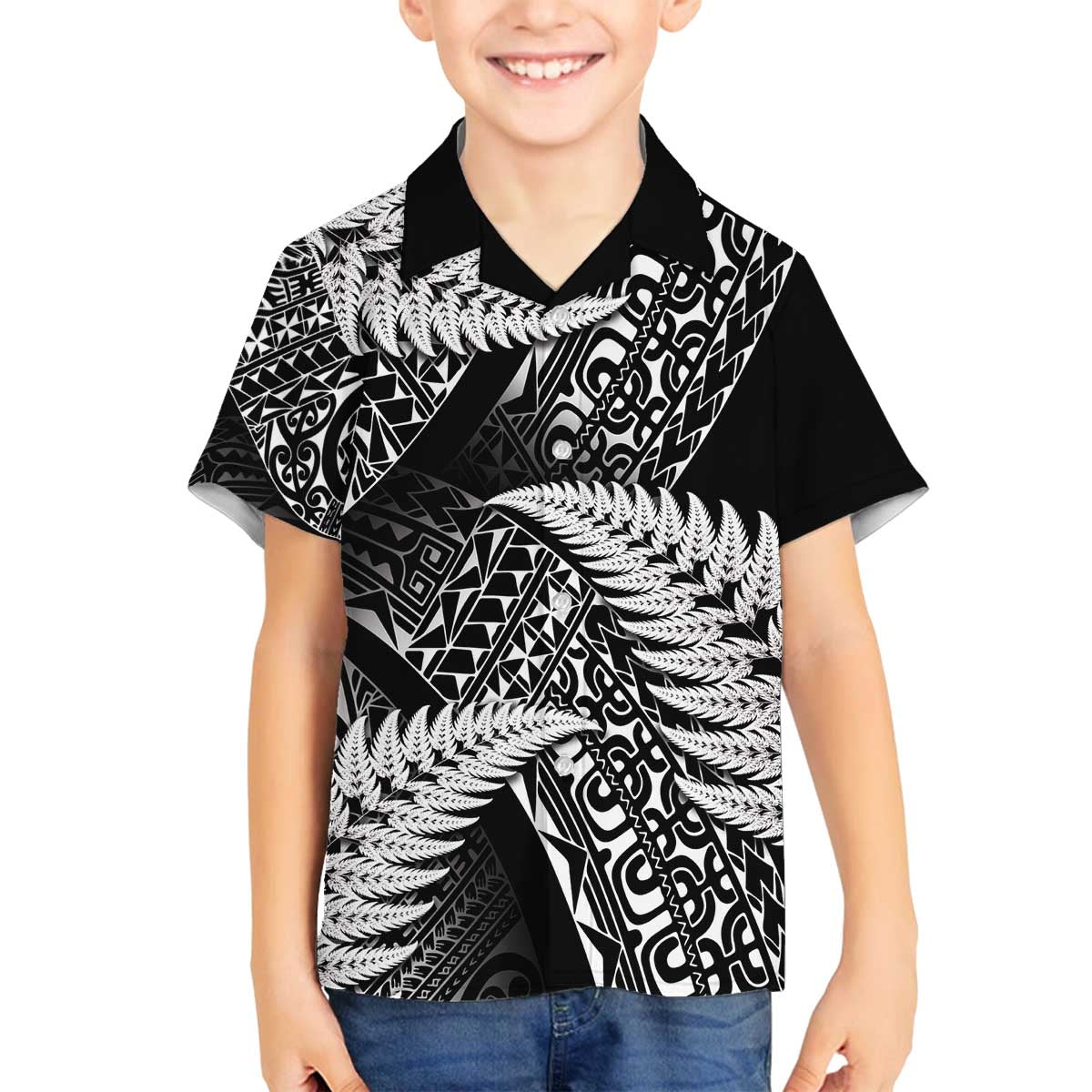 New Zealand Rugby Pacific Personalised Family Matching Off The Shoulder Long Sleeve Dress and Hawaiian Shirt All Black Maori Pasifika Fern Pattern