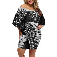 New Zealand Rugby Pacific Personalised Family Matching Off Shoulder Short Dress and Hawaiian Shirt All Black Maori Pasifika Fern Pattern