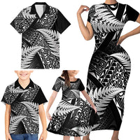 New Zealand Rugby Pacific Personalised Family Matching Short Sleeve Bodycon Dress and Hawaiian Shirt All Black Maori Pasifika Fern Pattern