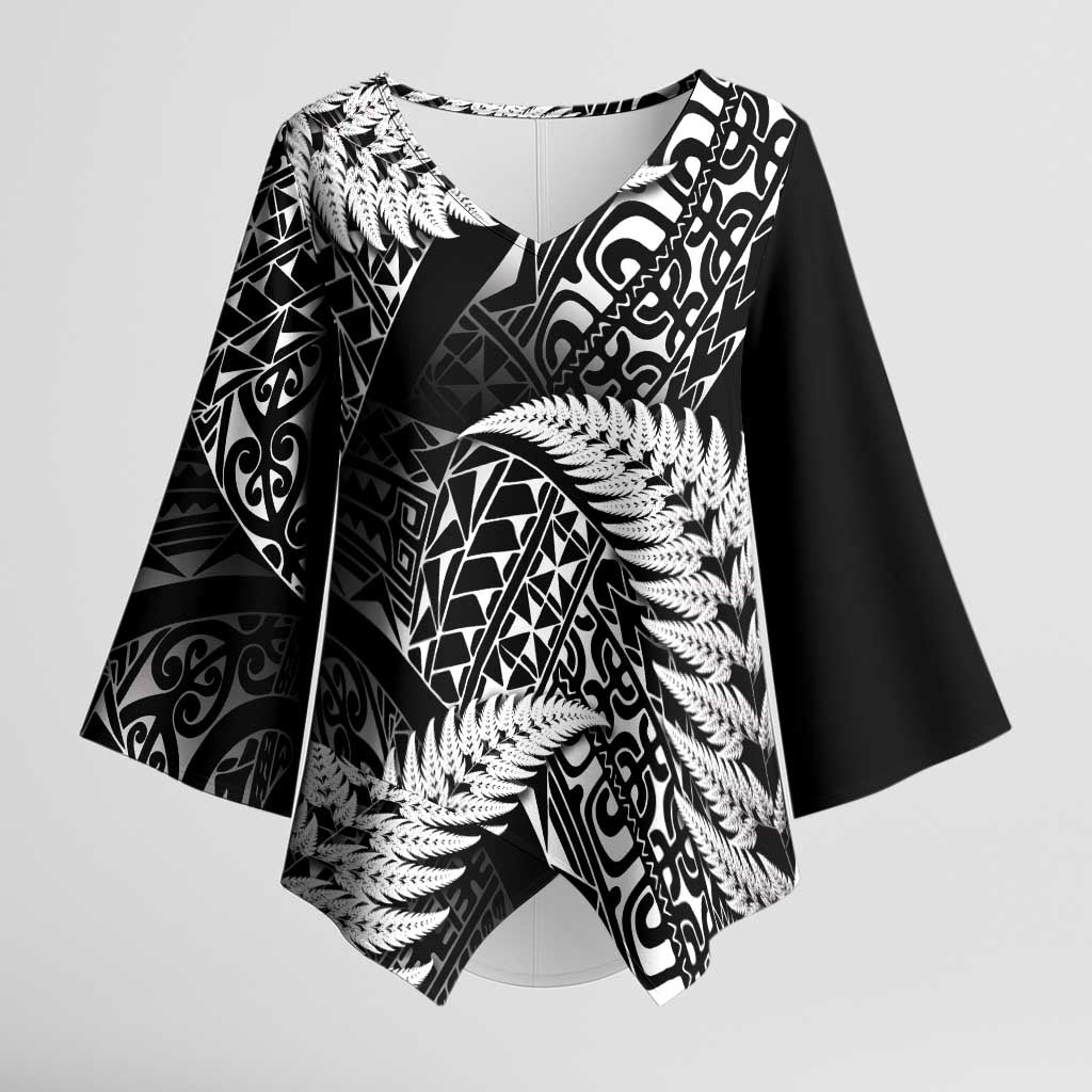 New Zealand Rugby Pacific Personalised Kimono Sleeve Blouse All Black Maori Pasifika Fern Pattern - Polynesian Pride