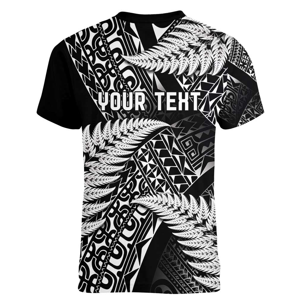 New Zealand Rugby Pacific Personalised Women V-Neck T-Shirt All Black Maori Pasifika Fern Pattern
