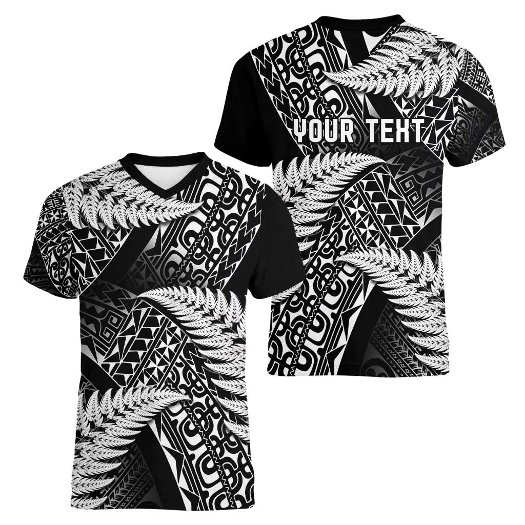 New Zealand Rugby Pacific Personalised Women V-Neck T-Shirt All Black Maori Pasifika Fern Pattern