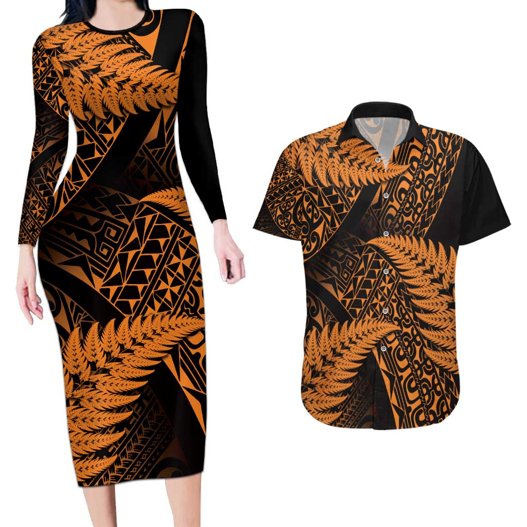 New Zealand Rugby Pacific Personalised Couples Matching Long Sleeve Bodycon Dress and Hawaiian Shirt All Gold Maori Pasifika Fern Pattern