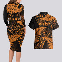 New Zealand Rugby Pacific Personalised Couples Matching Long Sleeve Bodycon Dress and Hawaiian Shirt All Gold Maori Pasifika Fern Pattern
