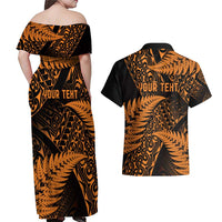 New Zealand Rugby Pacific Personalised Couples Matching Off Shoulder Maxi Dress and Hawaiian Shirt All Gold Maori Pasifika Fern Pattern