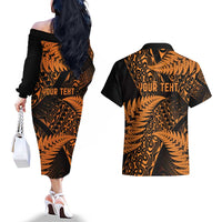 New Zealand Rugby Pacific Personalised Couples Matching Off The Shoulder Long Sleeve Dress and Hawaiian Shirt All Gold Maori Pasifika Fern Pattern